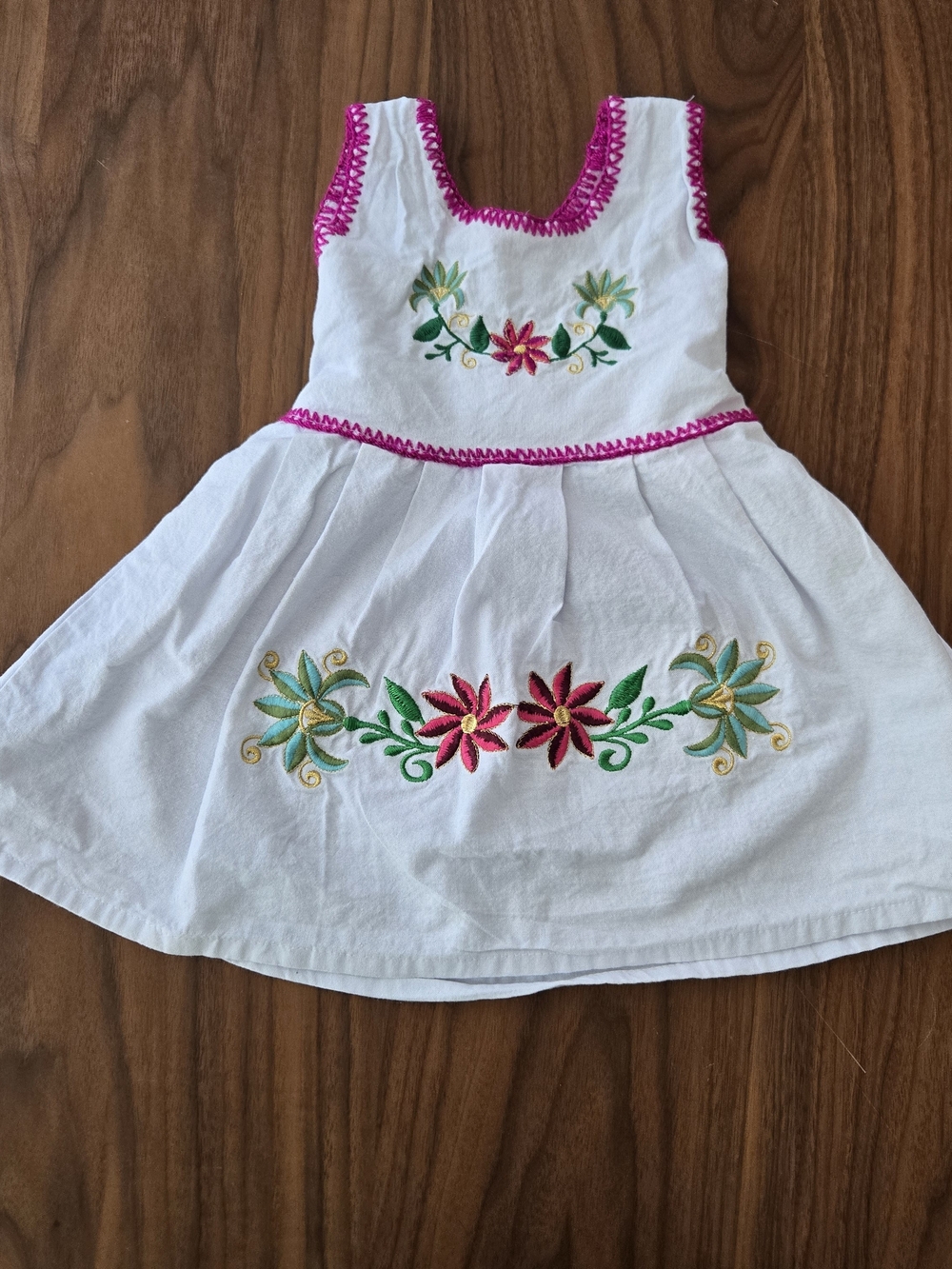 Vintage Boho Mexican Embroidered Floral Toddler Dress White Pink Fiesta 12 M